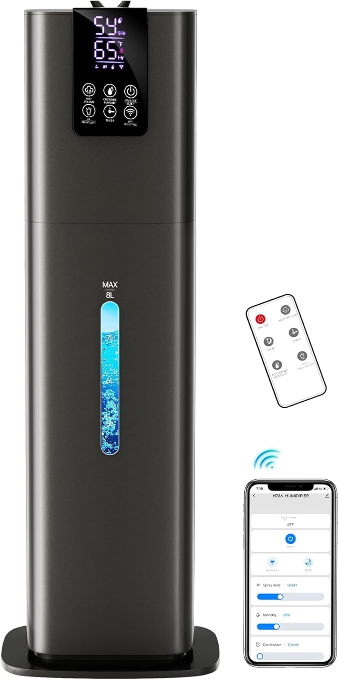 Smart Humidifiers Large Room Bedroom Home, 2.11Gal(8L) Quiet Top Fill Cool Mist Humidifier, Smart App & Remote Control, 3 Speed Humidifier with 360° Nozzle, Humidity Setting for Baby Office(Gray) by HumidifiersLargeRoomBedroom