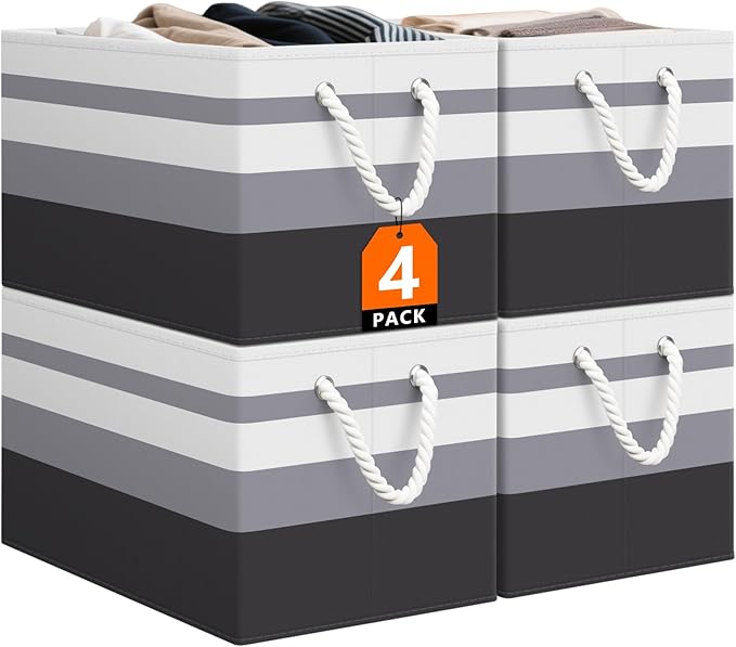 Storage Bin,Collapsible Storage Basket For Organizing,Large Storage Boxes With Rope Handles,Storage Containers,Gradient Grey,4 Pack by StorageTastic