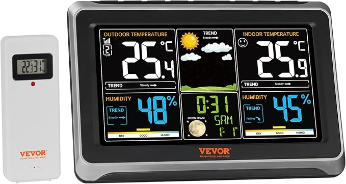 VEVOR Weather Station Indoor Outdoor, 7.5 in Color Display, Wireless Digital Home Weather Station, with Sensor Atomic Clock Adjustable Backlight Forecast Data Calendar Alarm Alert Temperature-NO WiFi by VEVOR