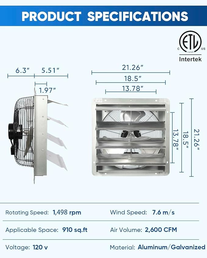 KEN BROWN 18 Inch Shutter Exhaust Fan, Gable Vent Fan, Wall Mount Ventilation, High Speed 2600 CFM, Automatic Aluminum Blades, for Garages, Shop, Greenhouse, Attic, with Power Cord - Image 2