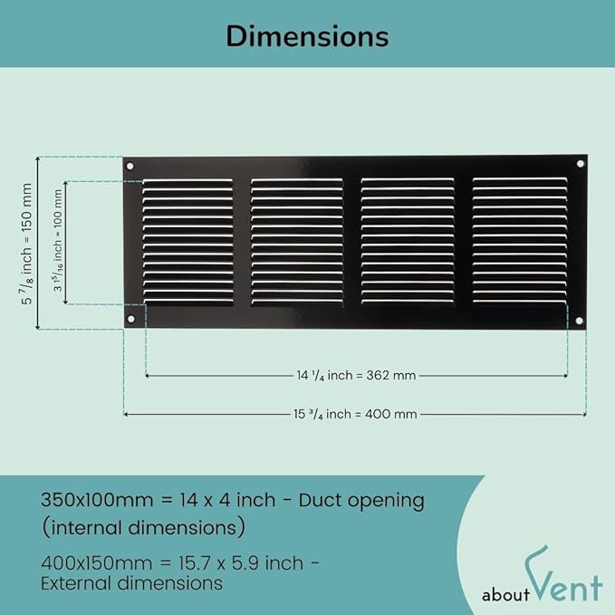 14x4 inch (Duct Opening) Vent Cover - Black Ventilation Covers for Wall and Ceiling - Metal Return Grille - HVAC AC Air Vents Register for Indoor and Outdoor Use with Mesh - Image 2