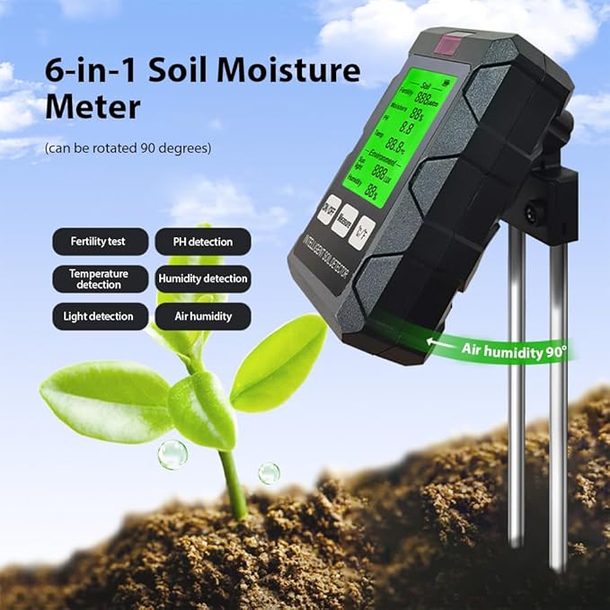 Soil Moisture Meter 6-in-1 Soil Ph Meter Moisture/Fertility/pH/Temperature/Humidity/Light 90-Degree Rotatable Backlight LCD display Soil Tester Gardening Tool for Lawn Farm Garden Indoor Outdoor Use - Image 2