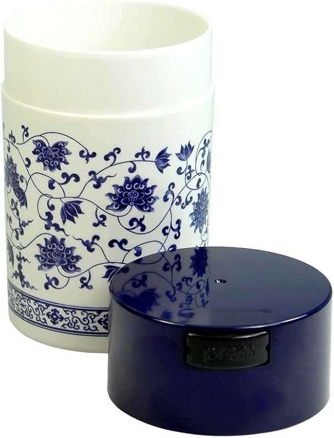 Tightpac Teavac 6-Ounce Vacuum Sealed Tea Storage Container, Blue Cap and White Body/Floral Design - Image 2