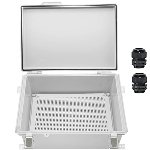 Zulkit Junction Box,IP67 Waterproof Electrical Box Hinged Cover Stainless Steel Buckle Plastic Enclosure for Project w Mounting Plate Wall Bracket and 2 Cable Gland Grey 13.8"x9.8"x5.9"/350x250x150mm by Zulkit