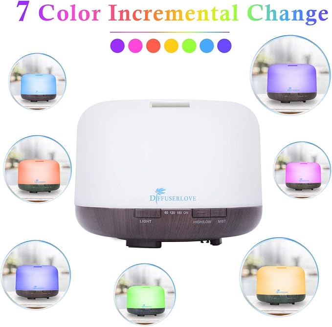 Diffuserlove Essential Oil Diffuser 500ML Aromatherapy Diffuser Mist Humidifiers 7 Color LED Lights Diffusers for Home Office Bedroom (Size:6.7" L x 6.7" W x 4.7" H) - Image 2