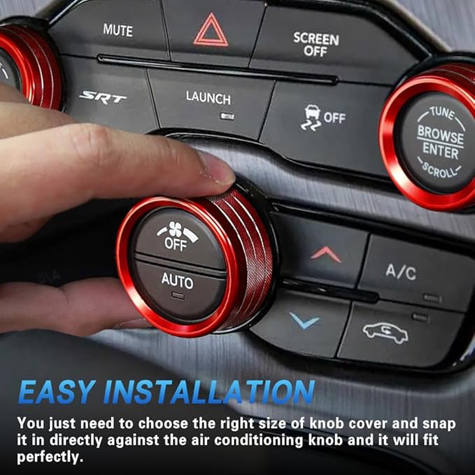 3PCS Air Conditioner Switch Button Knob Cover, Auto Accessories Climate Control Knob Covers, Aluminum Alloy Knob Ring Trim Cover Compatible with Dodge Challenger Durango 2015-2022 (Red) - Image 5