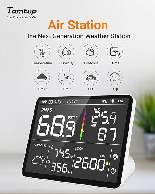 Temtop Air Quality Monitor Indoor PM2.5 CO2 Detector, 8-in-1 Smart Air Quality Weather Station with PM2.5 PM10 CO2 Temperature Humidity Sensor Weather Forecast for Home - Image 7