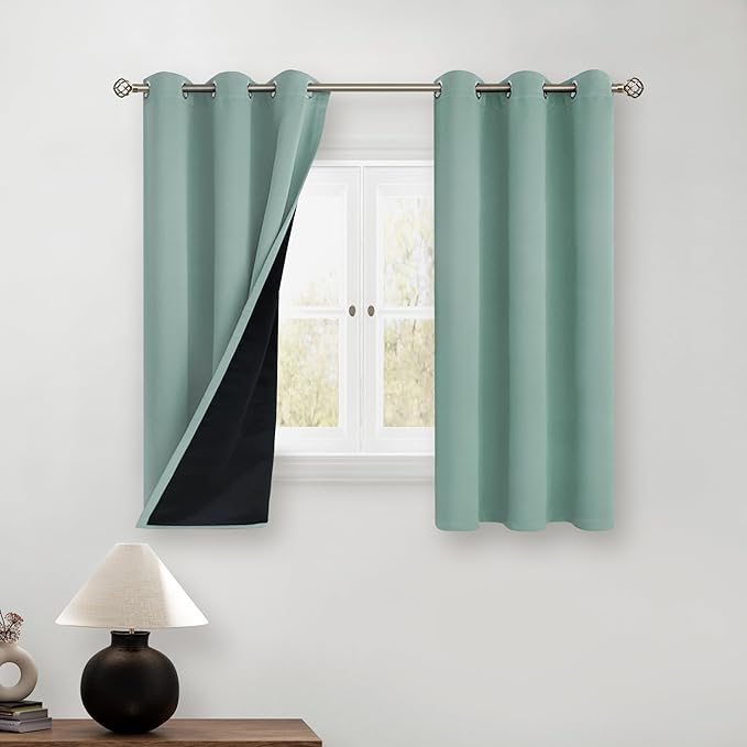 BGment Short 100% Blackout Curtains for Bedroom, Thermal Insulated Lined Energy Efficiency Noise Reducing Grommet Curtains 45 Inch Length for Small Window 2 Panels Each 42 Inch Wide, Frosty Green by BGment