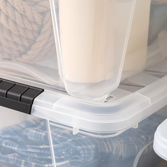 IRIS USA 32 Qt Stackable Plastic Storage Bins with Lids, 4 Pack - BPA-Free, Made in USA - See-Through Organizing Solution, Latches, Durable Nestable Containers, Secure Pull Handle - Clear - Image 9