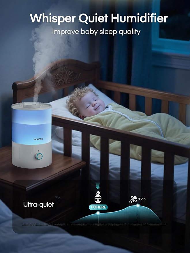 FOHERE Humidifiers for Bedroom, 3.2L Top Fill Cool Mist Ultrasonic Humidifier for Baby Rooms and Plants, 2-in-1 Essential Oil Diffuser with 7-Color Light and Auto Shut-Off, BPA-Free, Quiet, White - Image 4