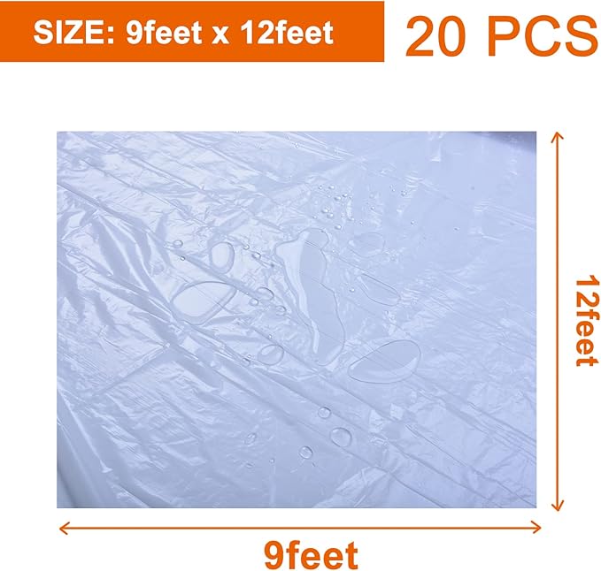 20 Pcs Plastic Sheeting Drop Cloths for Painting, 9x12ft Plastic Tarp Waterproof Dustproof Almost Tear Resistance Multi-Purpose Furniture Cover Floor Wall Protection Film - Image 6