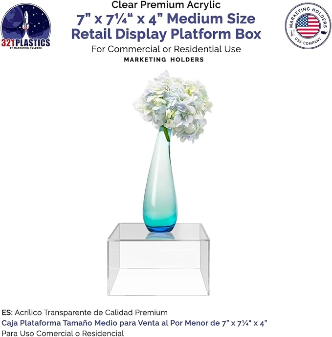 4 Pack Clear Acrylic Display Box Versatile 5 Sided Pedestal No Lid 7" x 7.25" x 4" Inch Merchandise Storage Bin Retail Product Riser One Open Side by Marketing Holders - Image 4