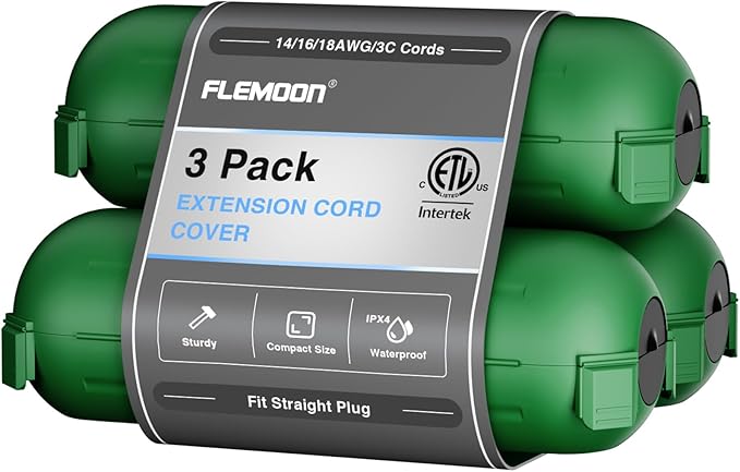 Flemoon [3 Pack] Outdoor Extension Cord Safety Cover, IPX4 Weatherproof Electrical Box to Protect Outdoor Outlet, Plug, Socket, Halloween, Christmas Holiday Decoration Light, Green by FLEMOON