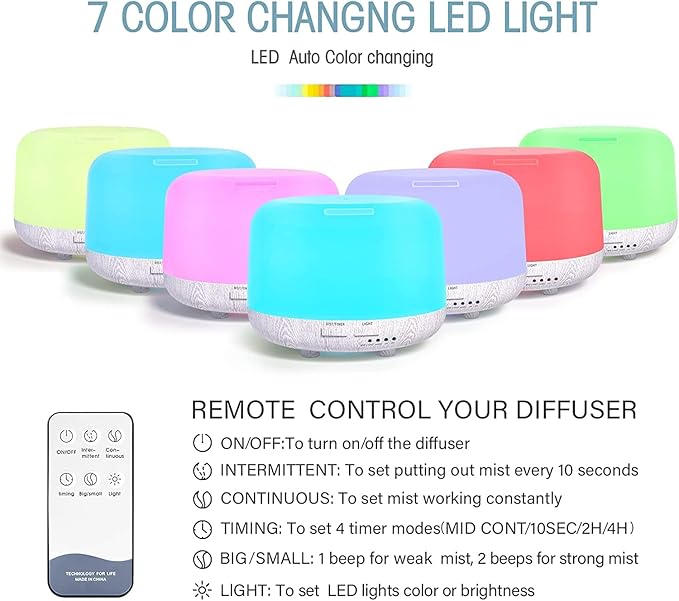 Aromatherapy Diffuser for Essential Oil, 300ml Cool Mist Humidifier with Remote Control, Aroma Diffusers for Home with Waterless Safety Switch & 14 LED Colors White Wood Base - Image 7