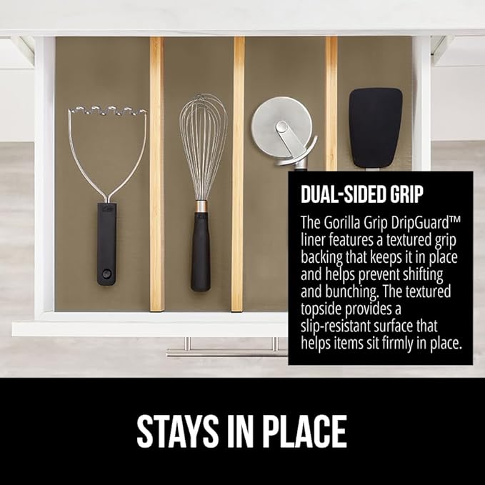GORILLA GRIP DripGuard Shelf Liner, Non-Adhesive Drawer and Kitchen Cabinet Protector, 24x240 Inch, Strong Grip Slip Resistant Underside, Smooth Surface Liners for Cabinets, Bathrooms, Closets, Beige - Image 4