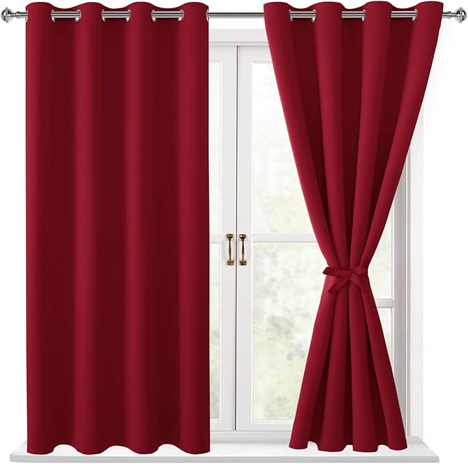 Hiasan Blackout Curtains for Bedroom, 52 x 54 Inches Long - Thermal Insulated & Light Blocking Window Curtains for Living Room, 2 Drape Panels Sewn with Tiebacks, Christmas Red - Image 2