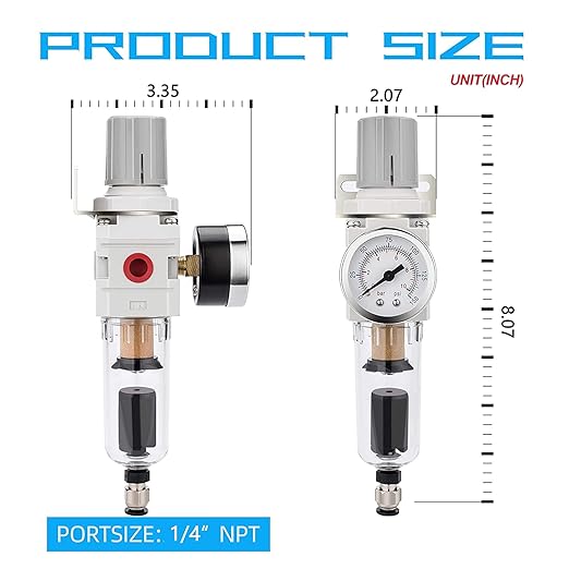 NANPU 1/4" NPT Compressed Air Filter Regulator Combo Piggyback, 5 Micron Brass Element, Poly Bowl, Semi-Auto Drain, Metal Bracket, 0-150 psi Gauge - Image 3