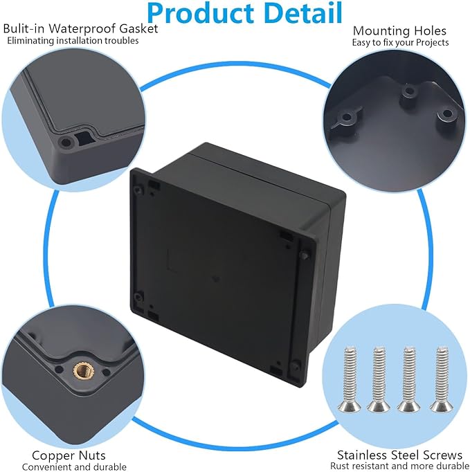 Outdoor Waterproof Junction Box IP67 Project Box ABS Black Electrical Boxes Electronic Enclsoure with Mounting Ear for DIY Project 6.3 x 6.3 x 3.5 inch (160x160x90mm) - Image 6