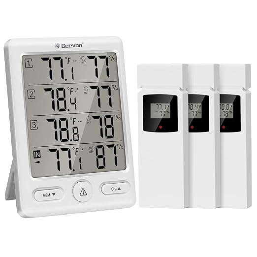 Geevon Indoor Outdoor Thermometer Wireless with 3 Remote Sensors, Digital Hygrometer Indoor Thermometer, Temperature Humidity Monitor Gauge with 200FT/60M Range (White) by GEEVON