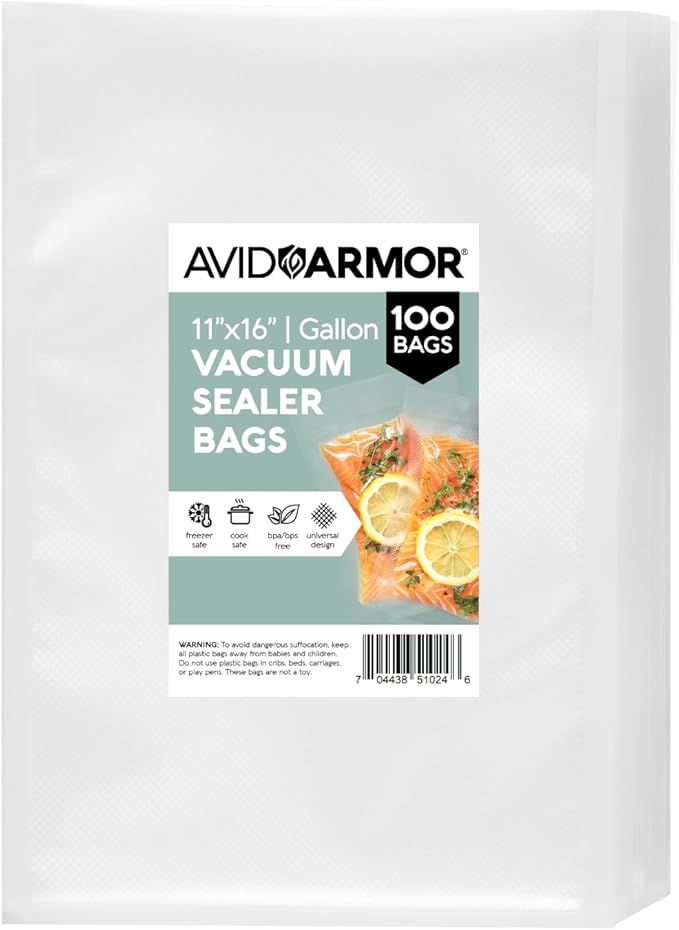 Avid Armor Vacuum Sealer Bags 100 Gallon 11"x16" for Food Saver, Seal a Meal Vac Sealers BPA Free, Heavy Duty Commercial Grade, Mea Prep and Sous Vide Vaccume Safe, Universal Design Pre-Cut Bag by AvidArmor