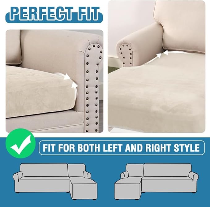 H.VERSAILTEX Velvet Stretch Sectional Couch Covers 3 Pieces Sofa Seat Cushion Covers L Shape Separate Couch Cover for Both Left/Right Sectional Couch (Large Sofa 2 Seater + 1 Chaise, Cream) - Image 5