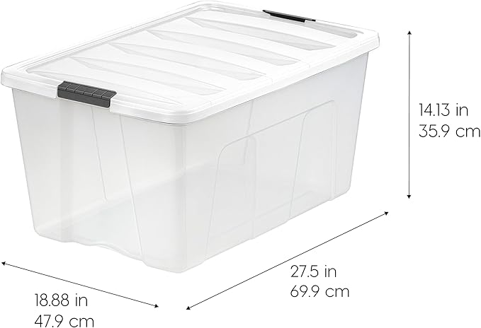 IRIS USA 94 Qt Stackable Plastic Storage Bins with Lids, 4 Pack - BPA-Free, Made in USA - See-Through Organizing Solution, Latches, Durable Nestable Containers, Secure Pull Handle - Clear/White - Image 2