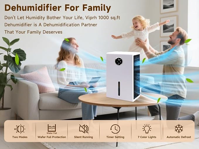Dehumidifier for Home 1000 sq.ft 120 Ounce Energy Saving and Tank Quiet with 7 Colors LED Light WithTouch Screen Portable Home for Bedroom Bathroom Basement - Image 2