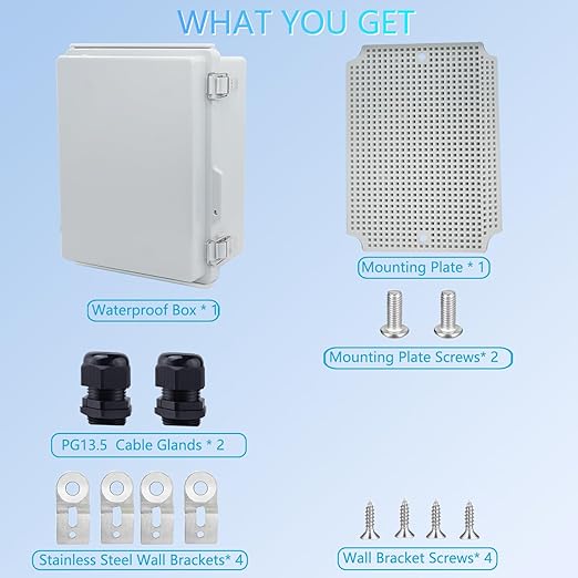 Waterproof Junction Box, ABS Plastic Electrical Box with Stainless Steel Latch, Hinged Cover Electric Project Enclosure Box with Mounting Plate, Wall Brackets & Cable Gland 8.7"x6.7"x4.3" - Image 6