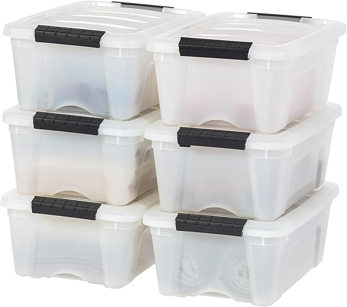 IRIS USA 13 QT Plastic Storage Box with Lid and Latches - 6 Pack - BPA-Free, Discreet Organizing Solution, Durable Nestable Stackable Containers, Secure Pull Handle - Pearl by IRISUSA