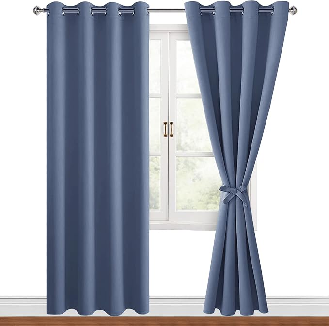 Hiasan Blackout Curtains for Bedroom, 52 x 84 Inches Long - Thermal Insulated & Light Blocking Window Curtains for Living Room/Kids Room, 2 Drape Panels Sewn with Tiebacks, Blue Haze by Hiasan