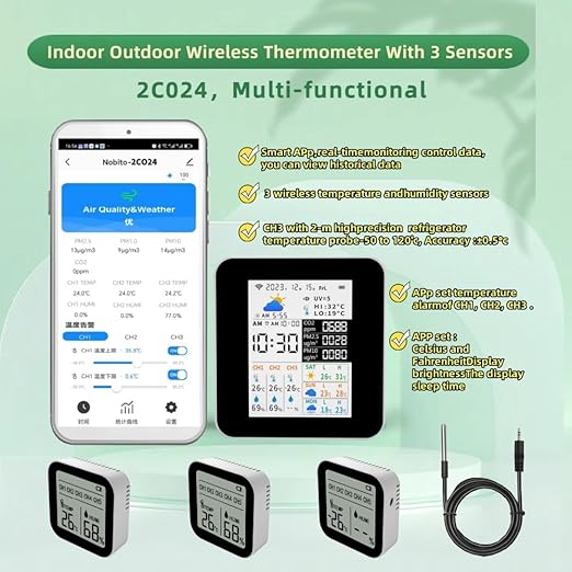 WiFi Air Quality Monitor CO2(NDIR PM2.5 PM10, Weather Station with 3-Day Forecast,Wireless Indoor Outdoor Thermometer Alarm with 3 Sensors, Water Thermometer, Aquarium, Refrigerator. Phone APP 2CO24 - Image 4