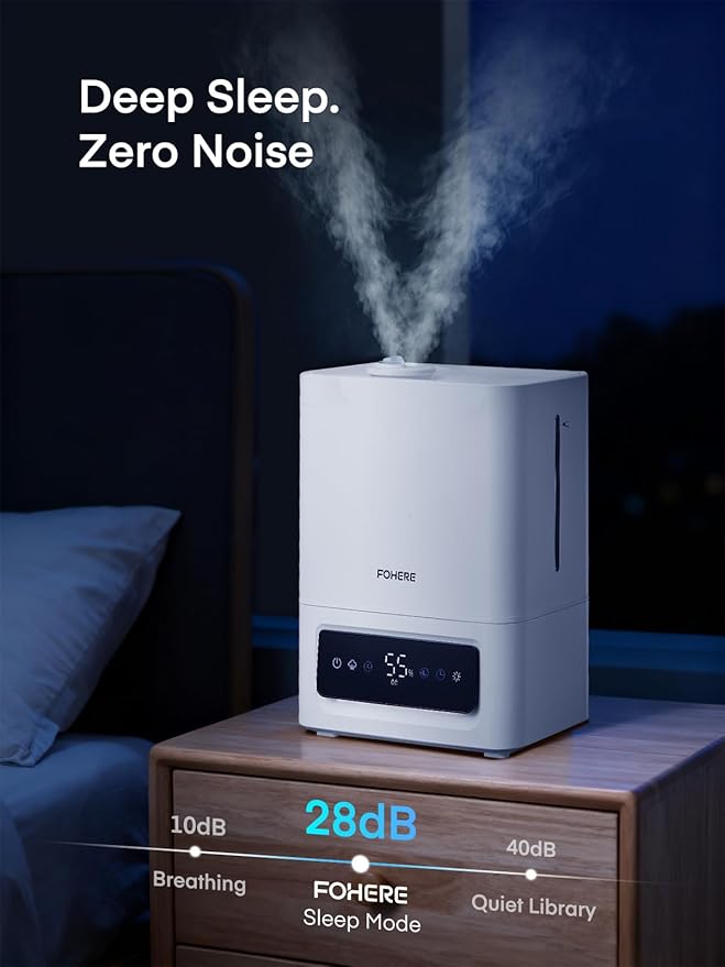 FOHERE 6L Humidifiers for Bedroom, 60H Cool Mist Humidifier for Large Room, 28dB Ultra-Quiet Runtime for Baby, Indoor, Plants, Smart Humidity Sensor, 16H Timer, Night Light, Oil Diffuser, White - Image 5