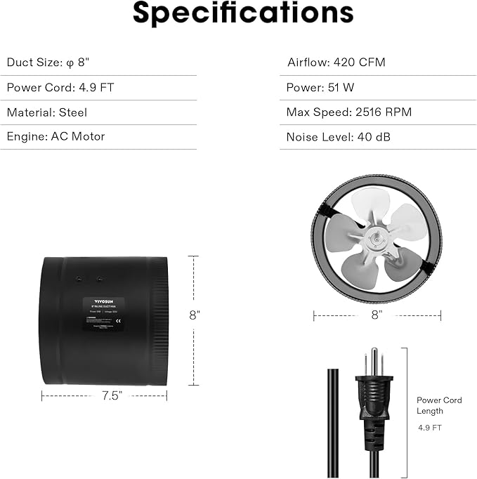 VIVOSUN Inline Booster Duct Fan 8” 420 CFM, HVAC Exhaust Ventilation Fan with Low Noise for Basements, Bathrooms, Kitchens, Attics, Grow Tents, Black - Image 6