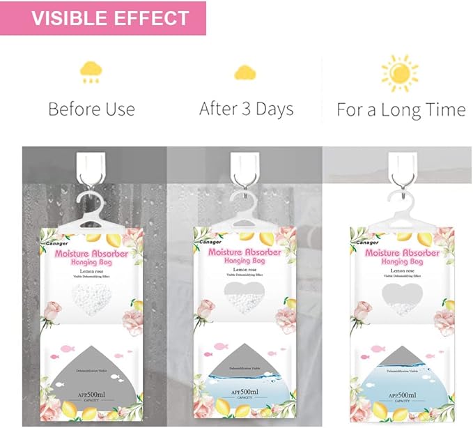 CANAGER Hanging Moisture Absorber, Lemon Rose Moistureproof Hanging Bag，Dehumidifier Bag (8 packs) Hanging Closet Dehumidifier Bags, Moisture Absorb 12.5 oz - Image 5
