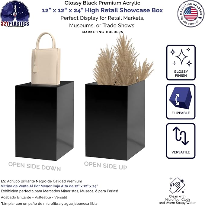 Marketing Holders Acrylic Display Riser Plinth Tall Glossy Black 5 Sided Pedestal Stand 12” x 12” x 24” Throne Platform Lucite Riser Models Memorabilia Socle TradeShows Expos - Image 2
