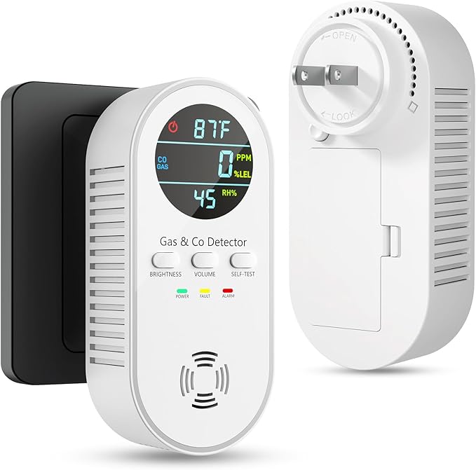 5-in-1 Carbon Monoxide Detectors, Natural Gas Leak Detector, Plug-in & Battery Backup CO Detector, HD Digital Display, CO Gas Temp Humidity Sensor, 1-Pcs, White by VilfeLLC