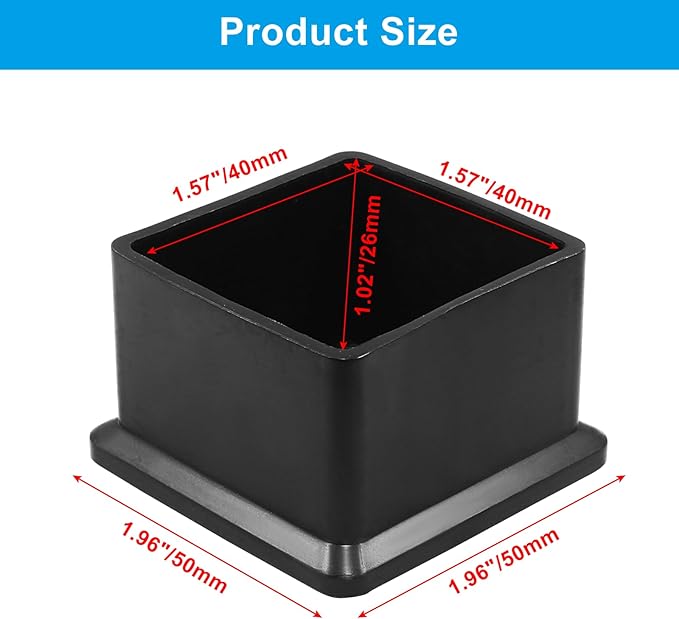 BokWin 4 Pcs Chair Leg Caps 1.6 Inch*1.6 Inch Square Furniture Floor Protectors Anti-Slip Plastic Sofa Table Chair Leg End Cap Cover(Black) - Image 5