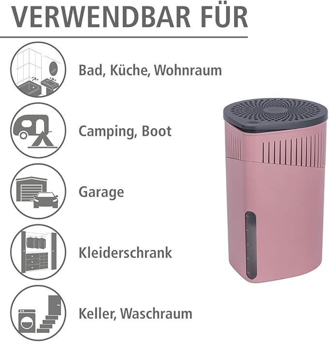 WENKO Portable Dehumidifier Drop Design, Compact and Rechargeable Dehumidifier for Bathroom, Closet, Bedroom, Garage, Covers up to 2800 Cubic Feet, 2.2 lbs, Pink, 5.9 x 9.1 x 5.9 in - Image 9