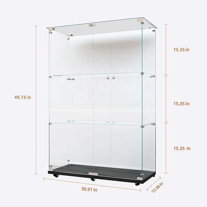 Yoluckea 3 Tiers Glass Display Cabinet with Bluetooth LED Light Strip, 2 Doors Floor Standing Curio Cabinet with Universal Wheel for Home, Black Glass Bookshelf for Collections, Clear Top - Image 2