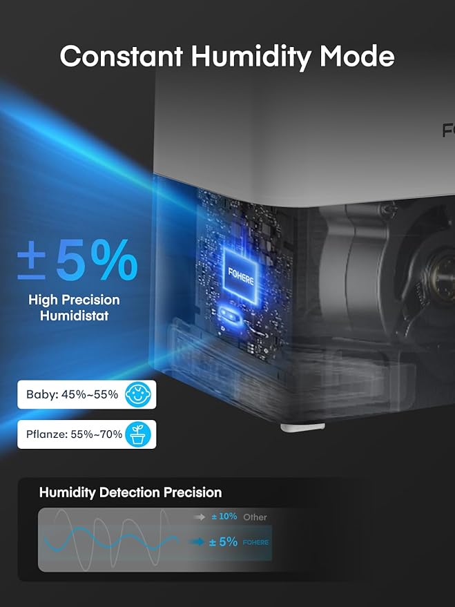 FOHERE 6L Humidifiers for Bedroom, 60H Cool Mist Humidifier for Large Room, 28dB Ultra-Quiet Runtime for Baby, Indoor, Plants, Smart Humidity Sensor, 16H Timer, Night Light, Oil Diffuser, White - Image 4