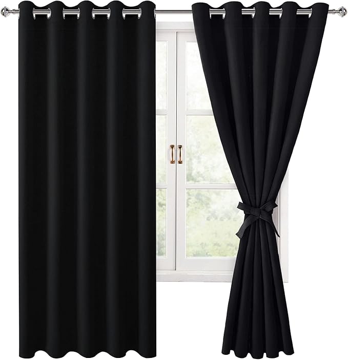 Hiasan Grommet Blackout Curtains for Bedroom, 60 x 72 Inches - Thermal Insulated & Noise reducing Window Drapes for Living Room/Dorm Room, Set of 2 Panels Sewn with Tiebacks, Black by Hiasan