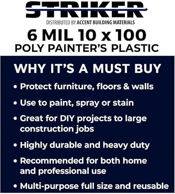 STRIKER Plastics Clear 6 Mil Plastic Sheeting 10' x 100' – Heavy Duty Poly Sheeting – Crawl Space Vapor & Moisture Barrier Cover, Painters Plastic Drop Cloth for Floor, Carpet & Furniture Protection - Image 7