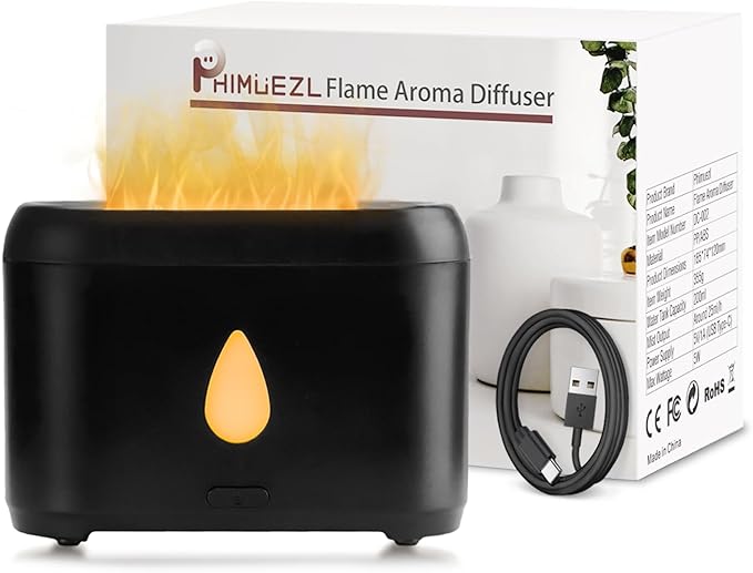 Flame Diffuser for Essential Oils, 200ml Ultrasonic Aroma Diffusers with Cool Mist, Aromatherapy Diffuser with Auto-Off Protection, Small Humidifier for Home,Office,Bedroom,Gift (Black) by Phimuezl