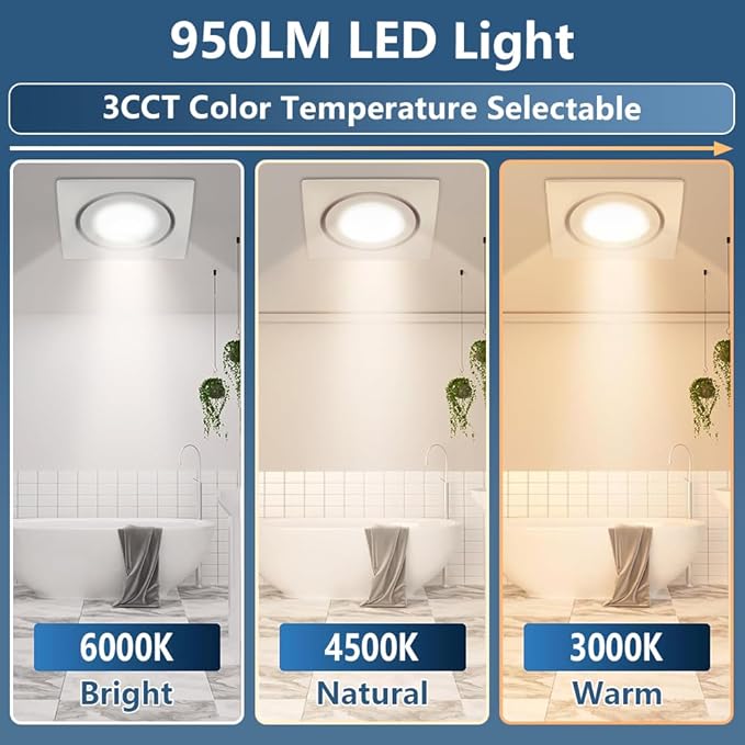 Bathroom Exhaust Fan with Light 88CFM 1.0 Sone, Quiet 28W Bath Shower Fan 3CCT Color LED Light Adjustable 8 x 8 inch Extractor Vent for Bathroom White - Image 3