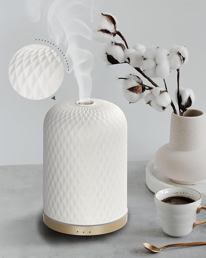 Essential Oil Diffuser,110ML Diffusers for Essential Oils Large Room, Ceramic Diffusers Decorative Ultrasonic Defuzzer, Ideal for Aesthetic Home,Dorm Décor, Yoga,White by ONABOVIVA