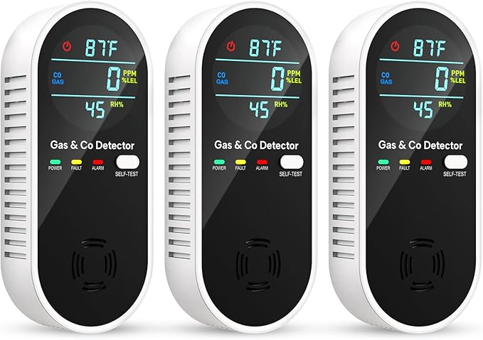 Carbon Monoxide Detectors & Natural Gas Detector, 4-in-1 Carbon Monoxide Detectors Plug in, Gas Leak Detector with Dual Alarms, Temperature & Humidity Sensor for Home, RV, Black, 3 Packs by VilfeLLC