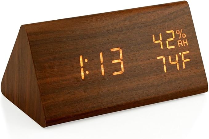 OCT17 Wooden Alarm Clock, Smart LED Digital Clock for Bedroom/desks, Upgraded with Time Temperature, Adjustable Brightness and Voice Control, Humidity Displaying - Brown by OCT17