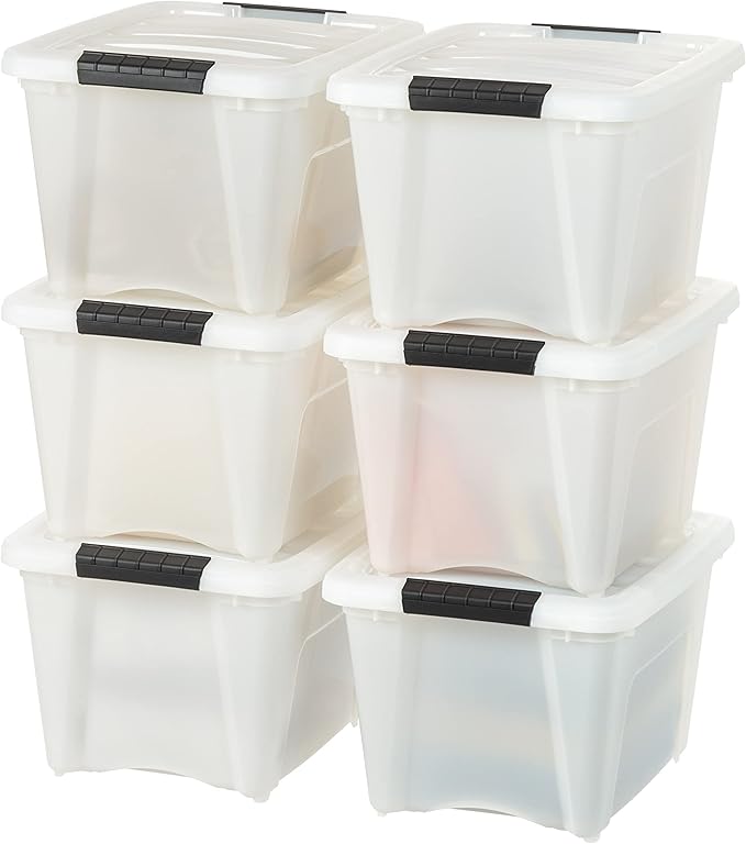 IRIS USA 19 Qt Stackable Plastic Storage Bins with Lids, 6 Pack - BPA-Free, Made in USA - Discreet Organizing Solution, Latches, Durable Nestable Containers, Secure Pull Handle - Pearl by IRISUSA