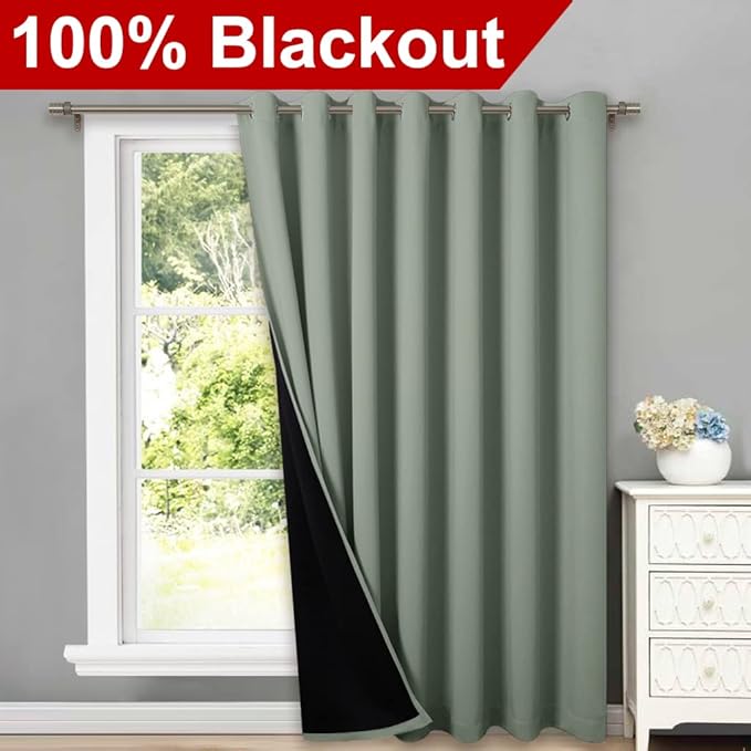 NICETOWN Greyish Green Full Shading Extra Wide Curtains for Patio Door, Super Heavy-Duty Thermal Backing Sliding Glass Door Drape, Privacy Assured Window Treatment(1 Panel, 100 inches W x 84 inches L) - Image 2
