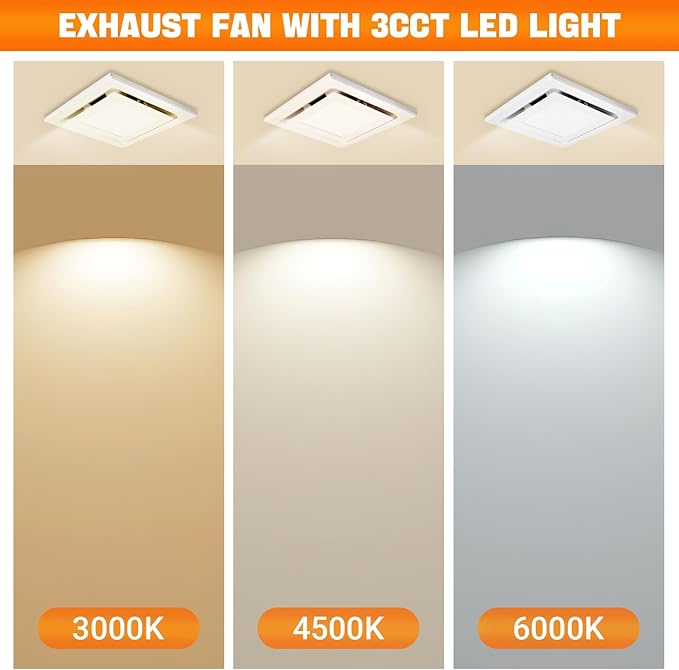 FEITON Square Bathroom Exhaust Fan with LED Light, Adjustable Color Temperature(3000K/4500K/6000K), 110 CFM 30W 4 Inch Duct, 110-220V 1.0 Sones Quiet Bathroom Ventilation Fan Light Combo Ceiling Mount - Image 2